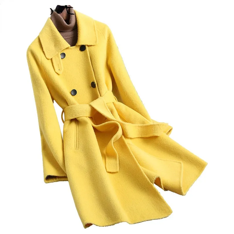 100% Wool Slim Double-sided Mid-length Trench Coats for Women