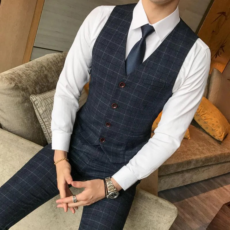 2019 Men's Fashion Boutique Plaid Jacket & Vest Wedding Three-piece Suit