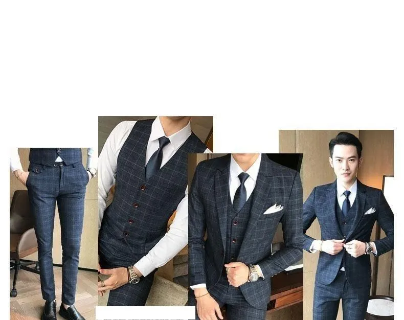 2019 Men's Fashion Boutique Plaid Jacket & Vest Wedding Three-piece Suit