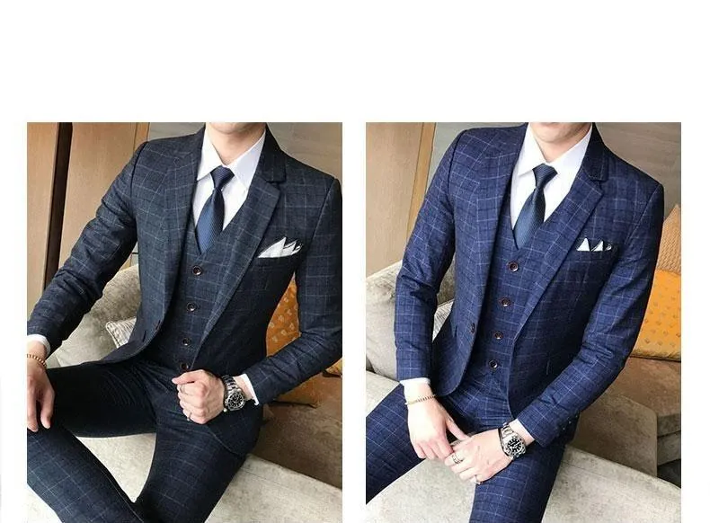 2019 Men's Fashion Boutique Plaid Jacket & Vest Wedding Three-piece Suit