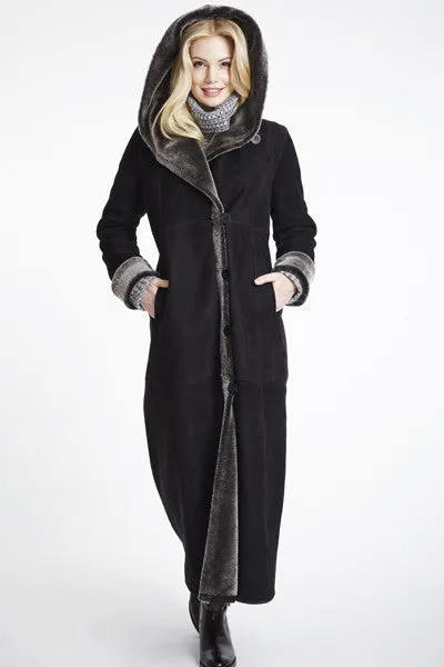 #6423 Long Hooded  Shearling Coat