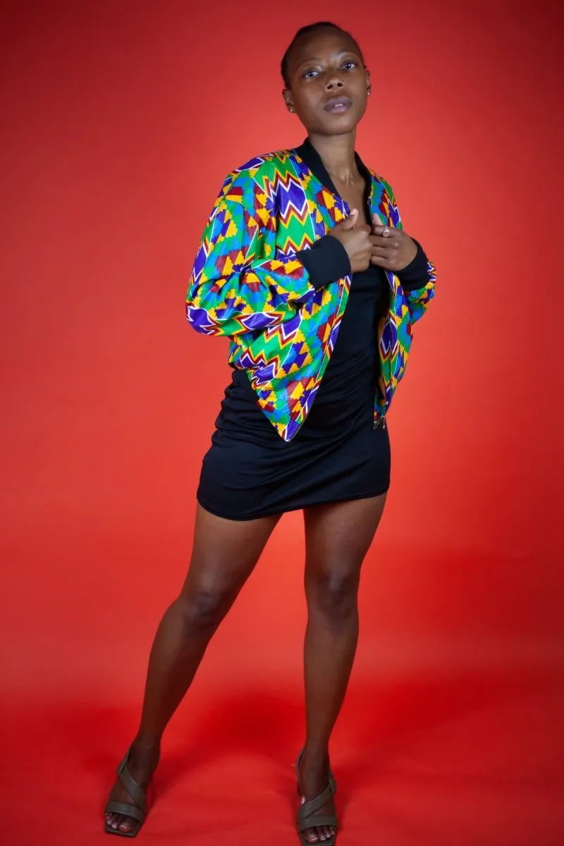 African Bomber Jacket In Electric Blue Kente Print