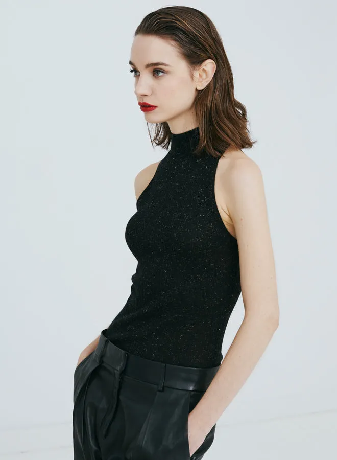 Autumn Cashmere Angelina Sparkle Rib Mock Neck in Black