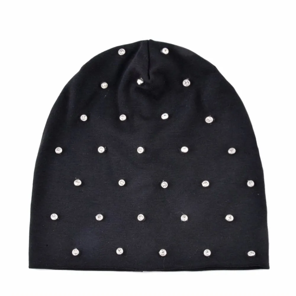 Autumn Cotton Rhinestone Slouch Beanies Hats for Women