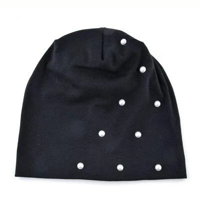 Autumn Fashion Cotton Pearl Knitted Beanie Caps for Women