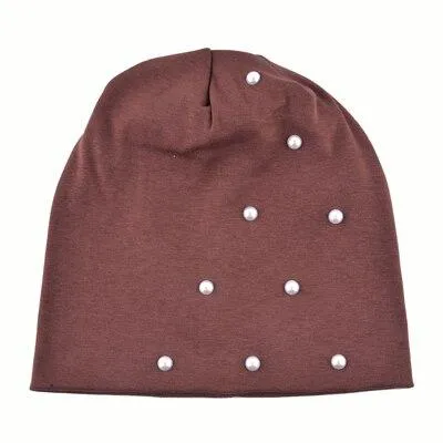 Autumn Fashion Cotton Pearl Knitted Beanie Caps for Women