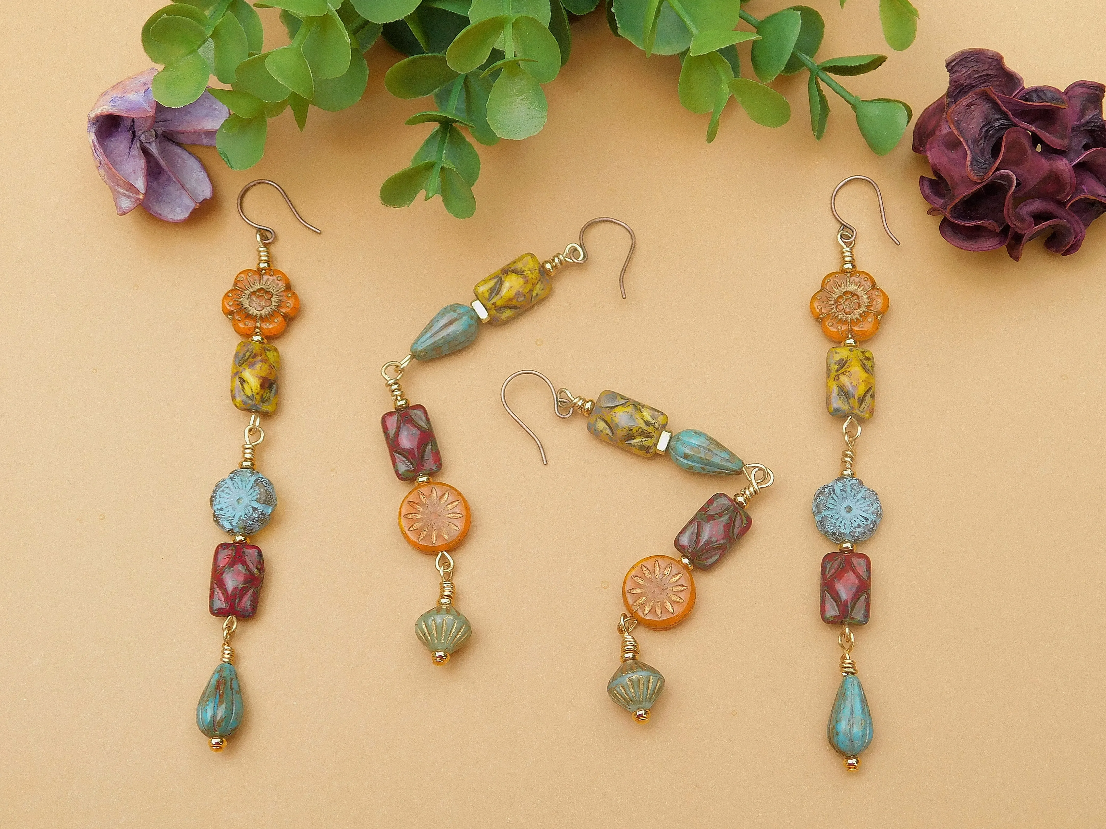 Autumn Inspired Dangling Czech Boho Earrings