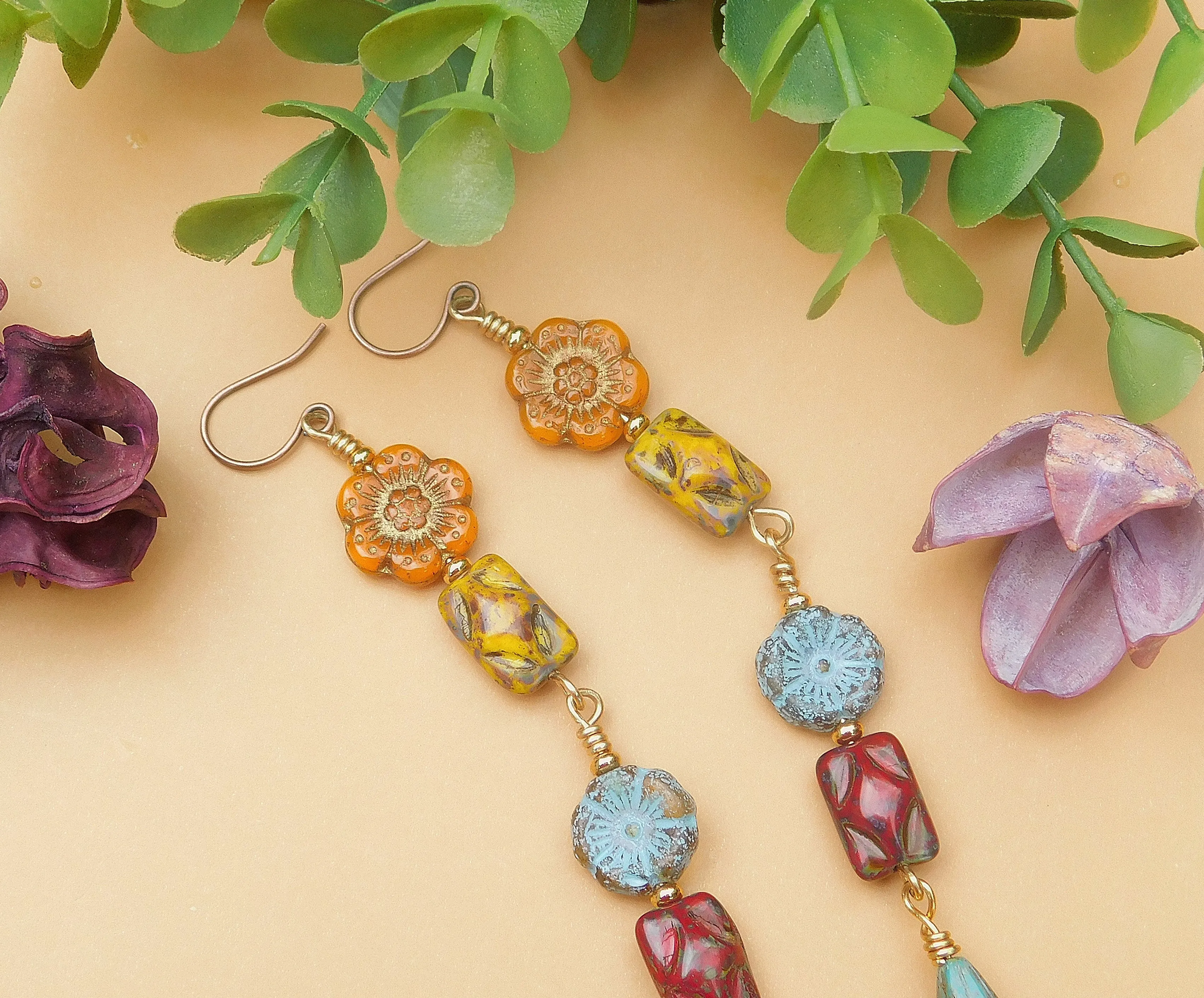 Autumn Inspired Dangling Czech Boho Earrings