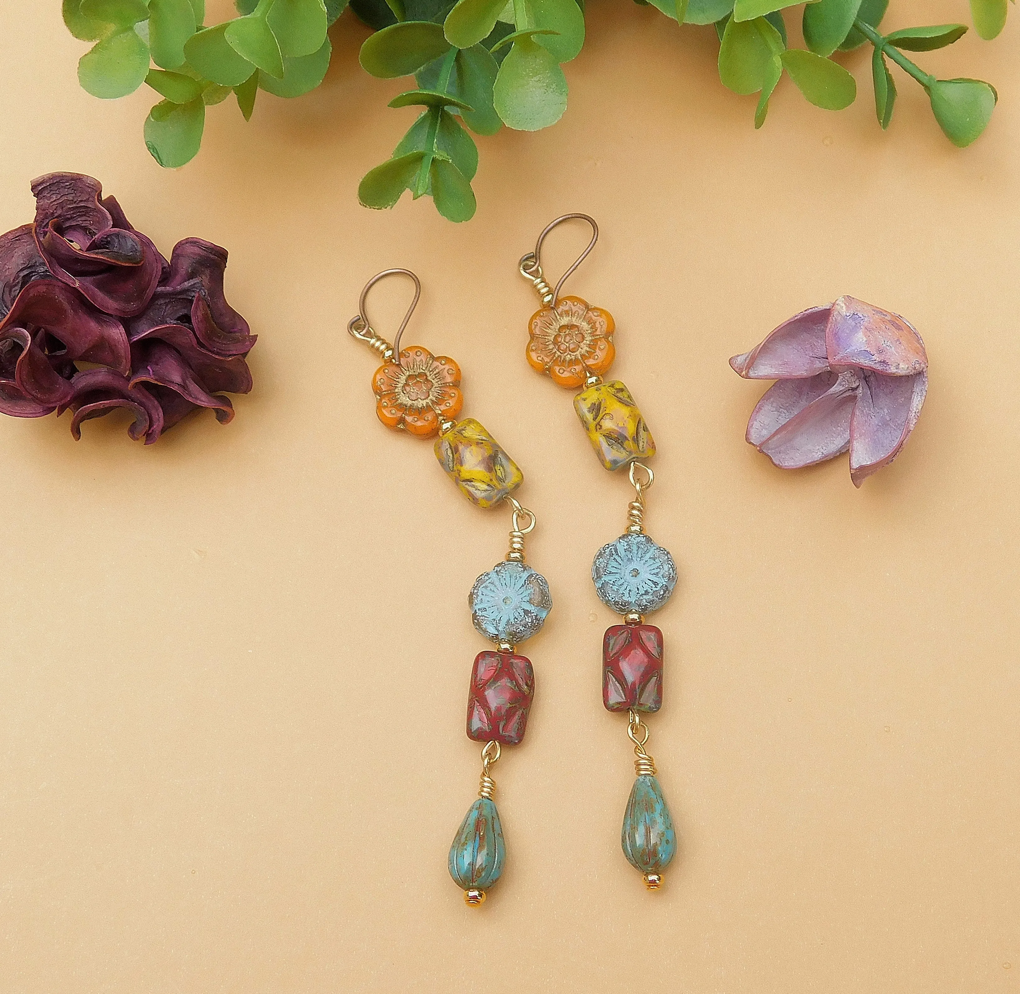 Autumn Inspired Dangling Czech Boho Earrings