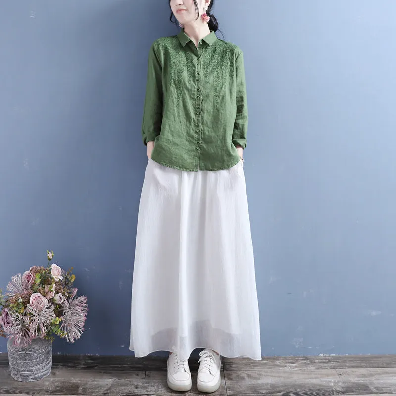 Autumn Linen Embroidery Long Sleeve Casual Loose Blouse