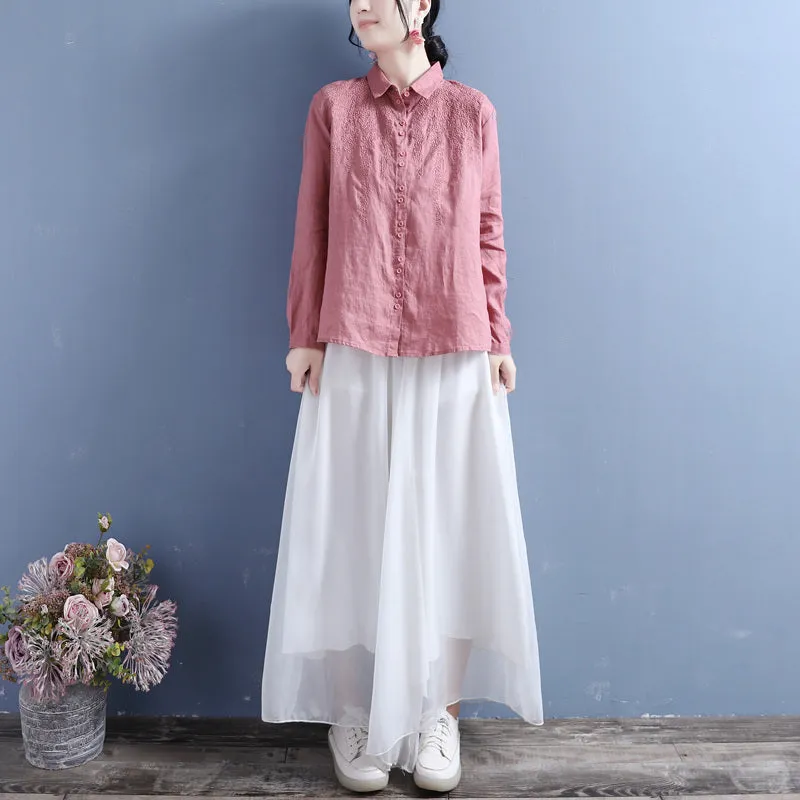 Autumn Linen Embroidery Long Sleeve Casual Loose Blouse