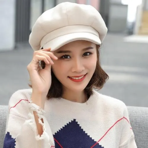 Autumn Winter Unisex Woolen Hats with Solid Plain Octagonal Pattern