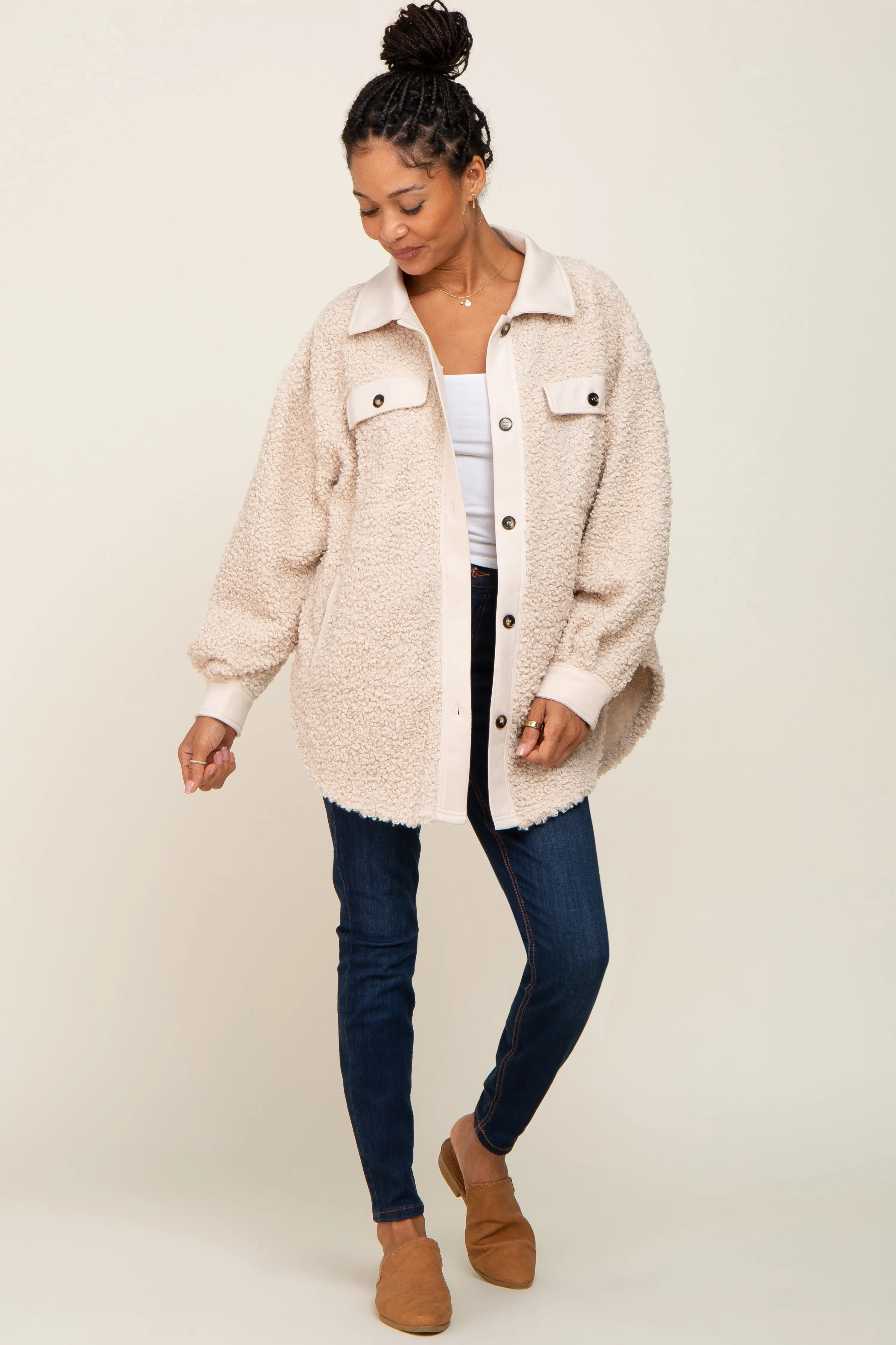 Beige Contrast Oversized Sherpa Coat