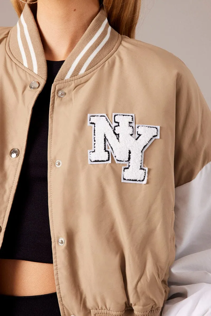 Beige Cropped Varsity Bomber Jacket