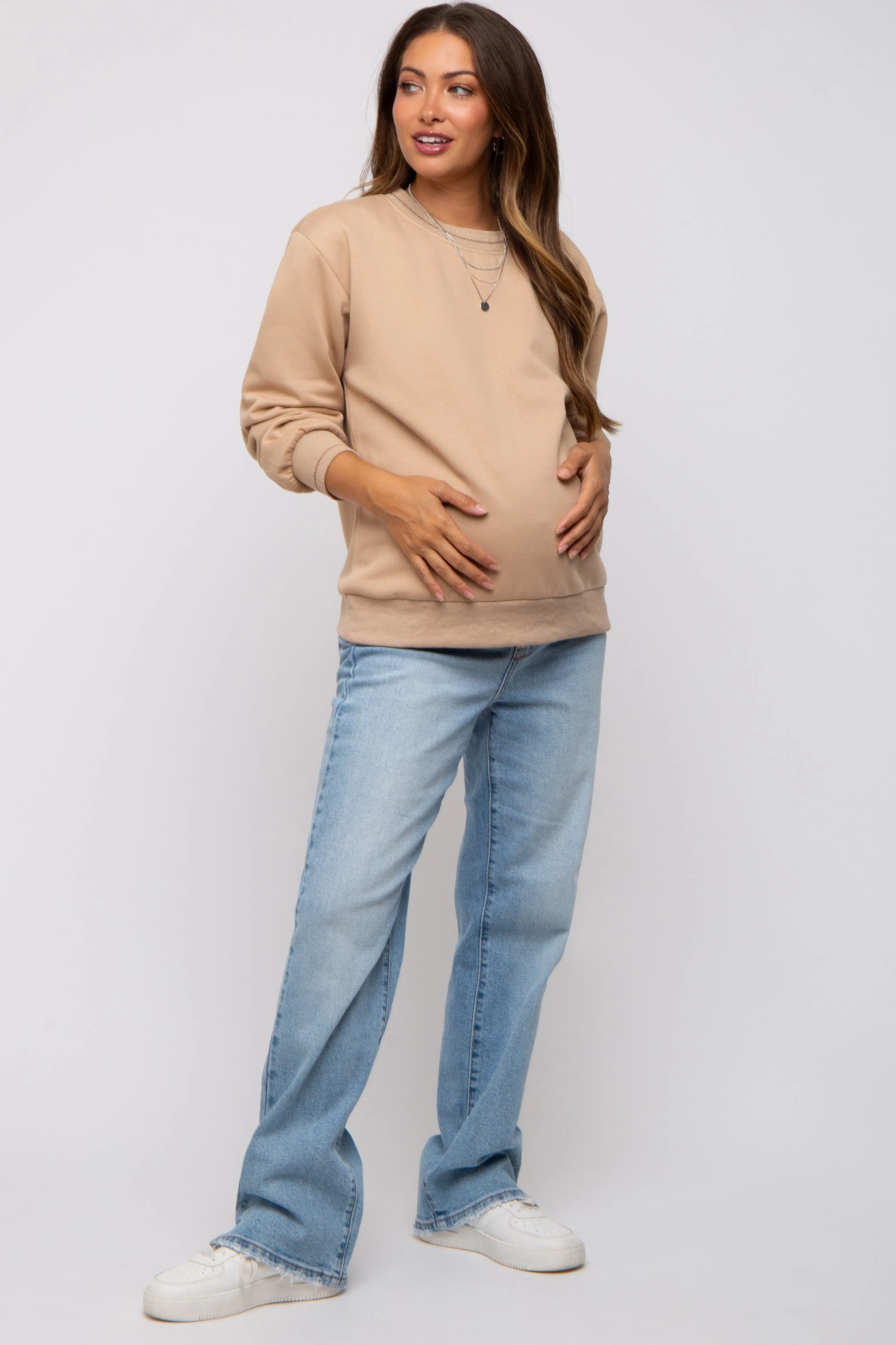 Beige Embroidered Fleece Maternity Sweatshirt