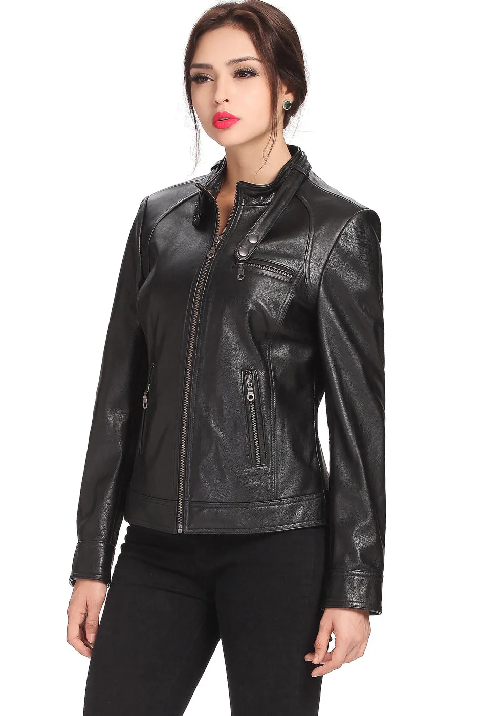 BGSD Women Julie Zip Front Lambskin Leather Jacket