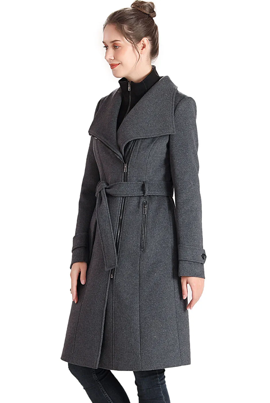 BGSD Women Mel Wool Belted Wrap Trench Coat with Removable Bib