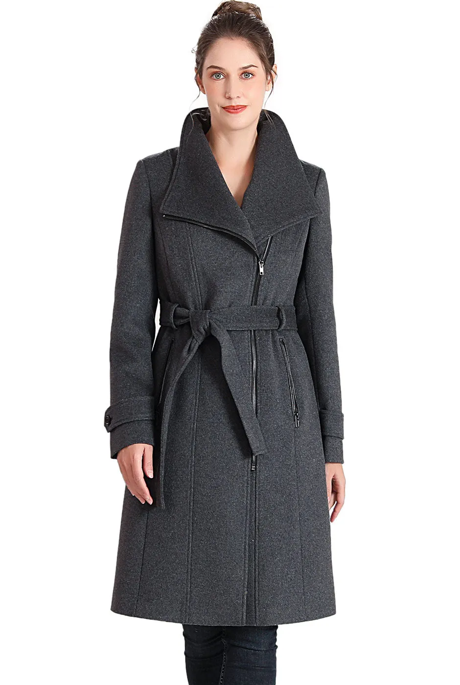 BGSD Women Mel Wool Belted Wrap Trench Coat with Removable Bib