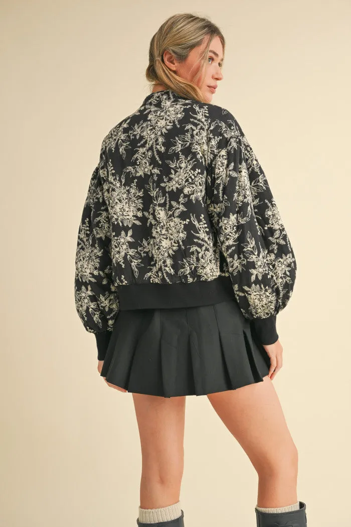 Floral-Patterned Puff Bomber Jacket in Black and Cream