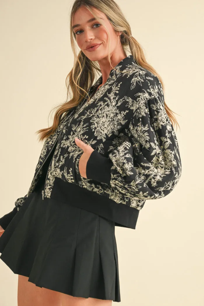 Floral-Patterned Puff Bomber Jacket in Black and Cream