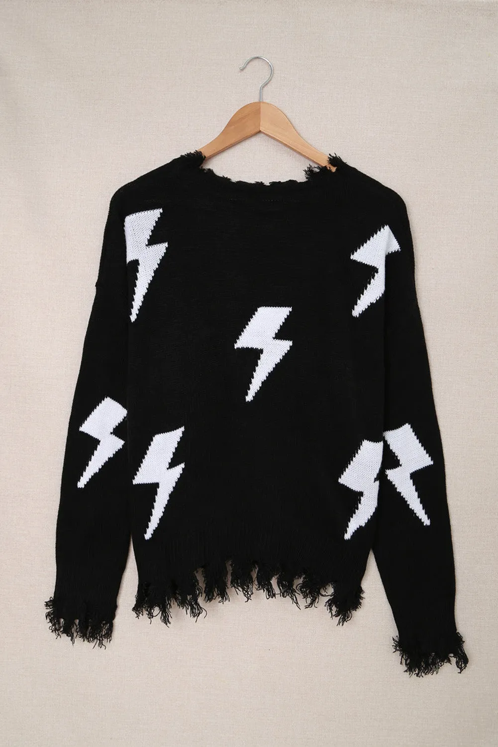 Black Distressed Knit Winter Bolt Sweater