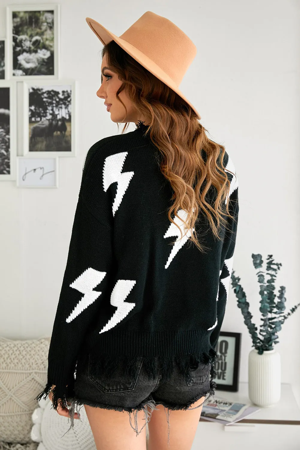 Black Distressed Knit Winter Bolt Sweater