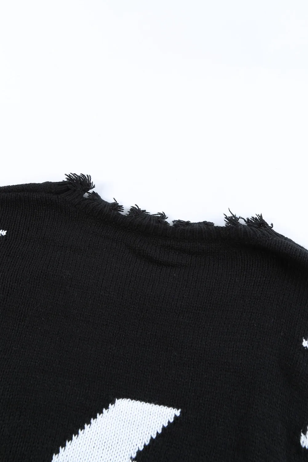 Black Distressed Knit Winter Bolt Sweater