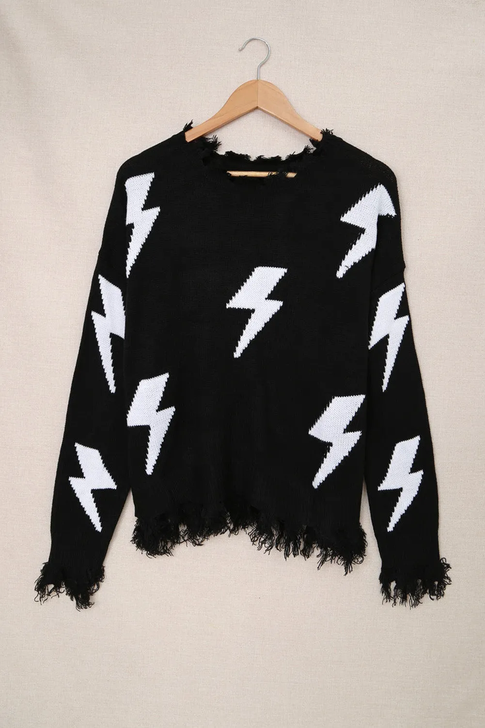 Black Distressed Knit Winter Bolt Sweater