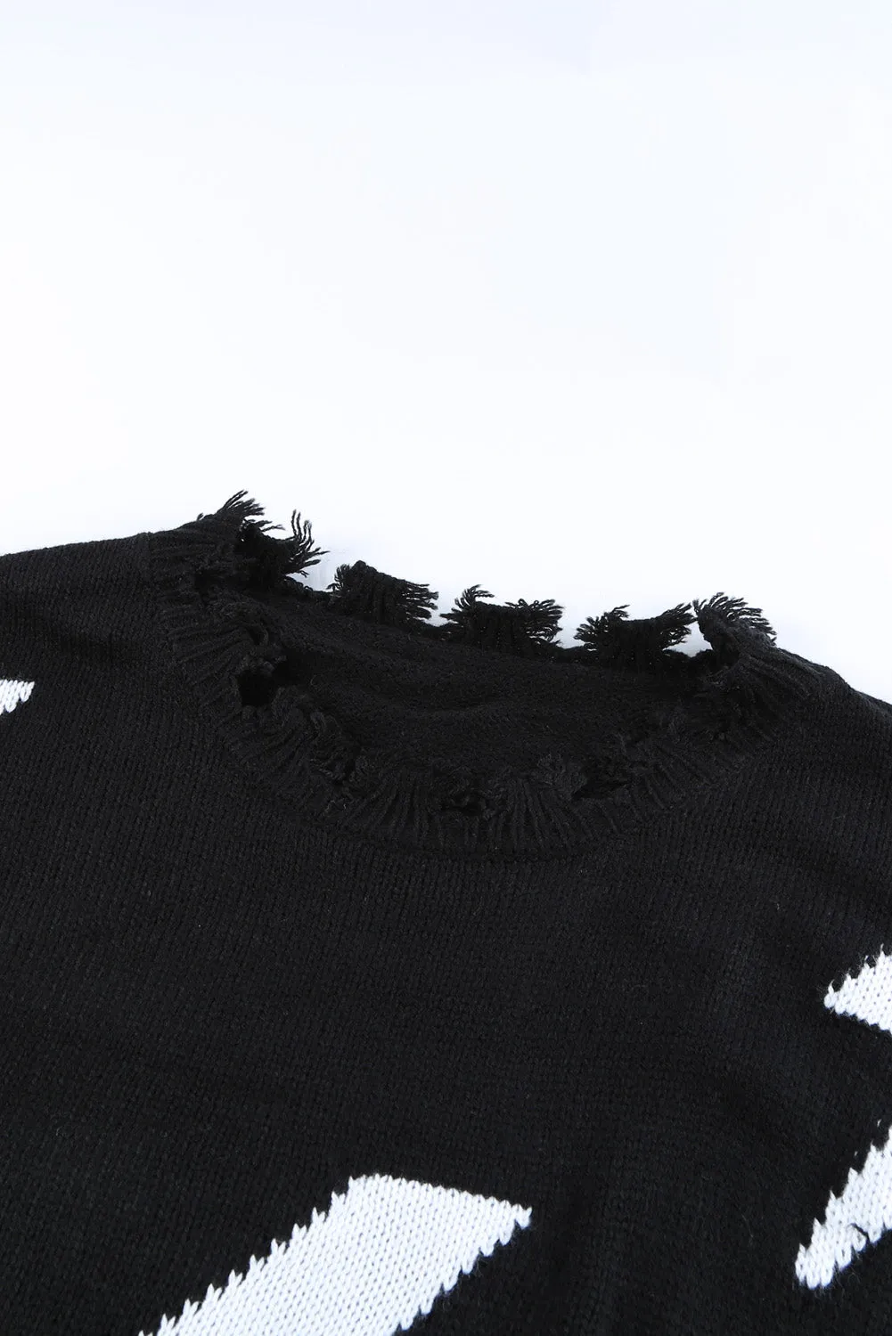 Black Distressed Knit Winter Bolt Sweater