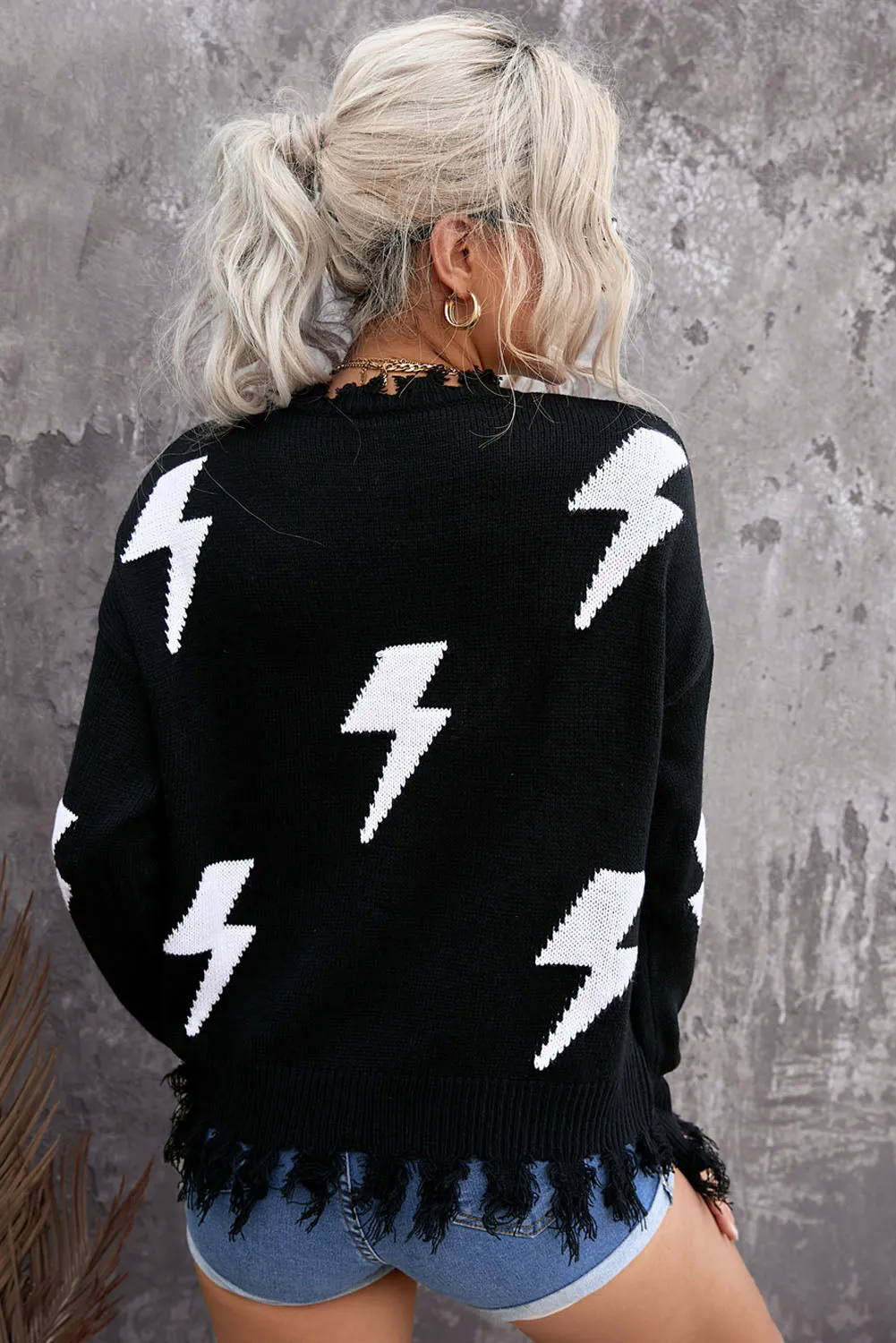 Black Distressed Knit Winter Bolt Sweater