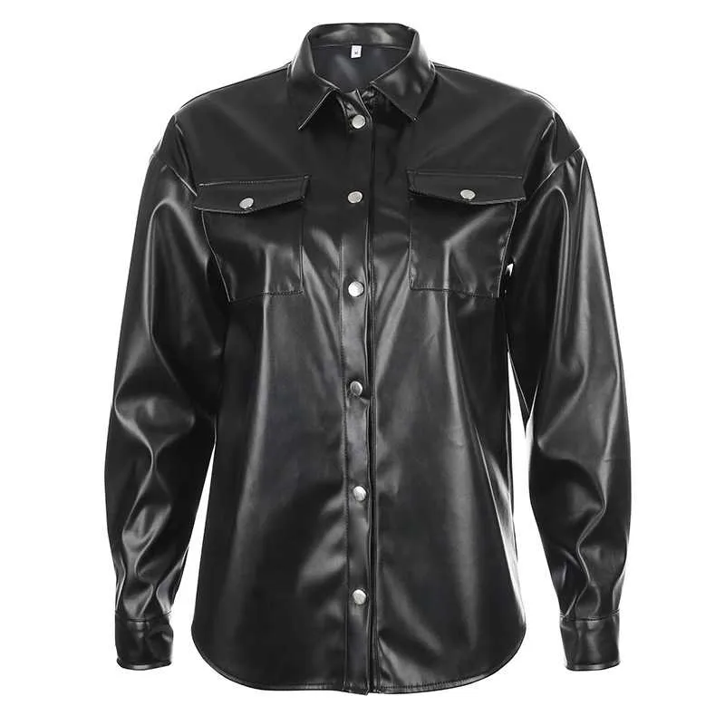 Black Faux Leather Shirt Jacket With Snap Pockets