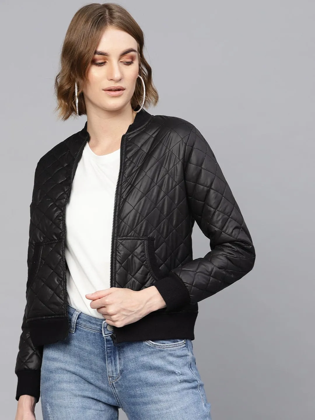 Black Quilted Bomber Jacket