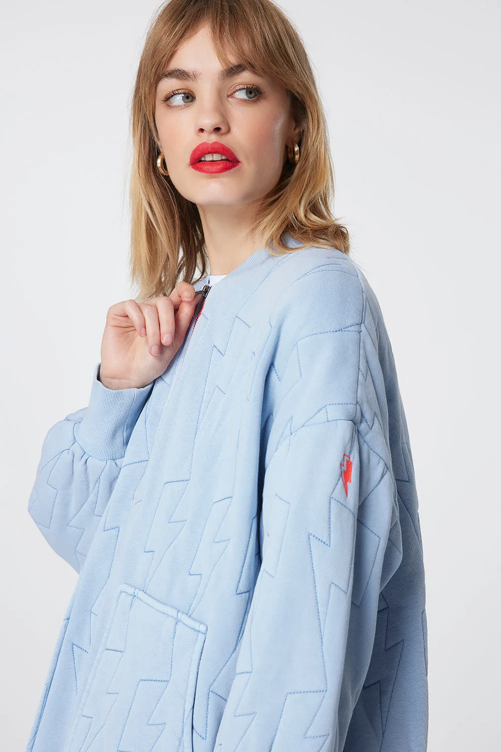 Blue Quilted Lightning Bolt Oversized Bomber Jacket