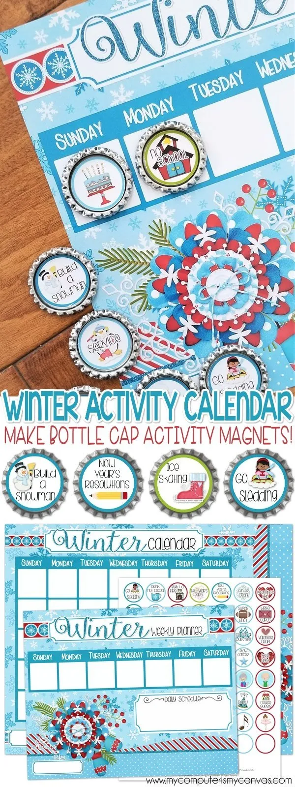 Bottle Cap Activity Calendar {WINTER} PRINTABLE