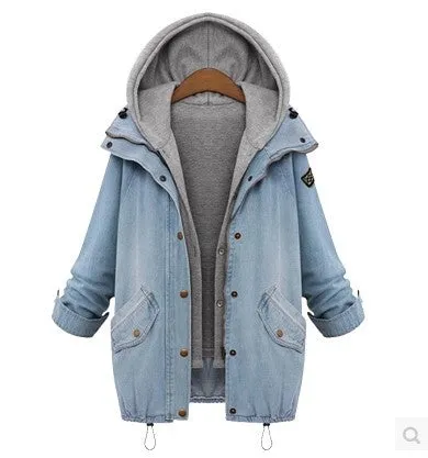 Casual Hooded Vest Two Piece Trench Button Up Denim Windbreaker