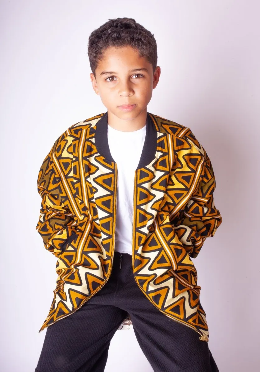 Children's African Bomber Jacket In Earthy Tones Mud Cloth