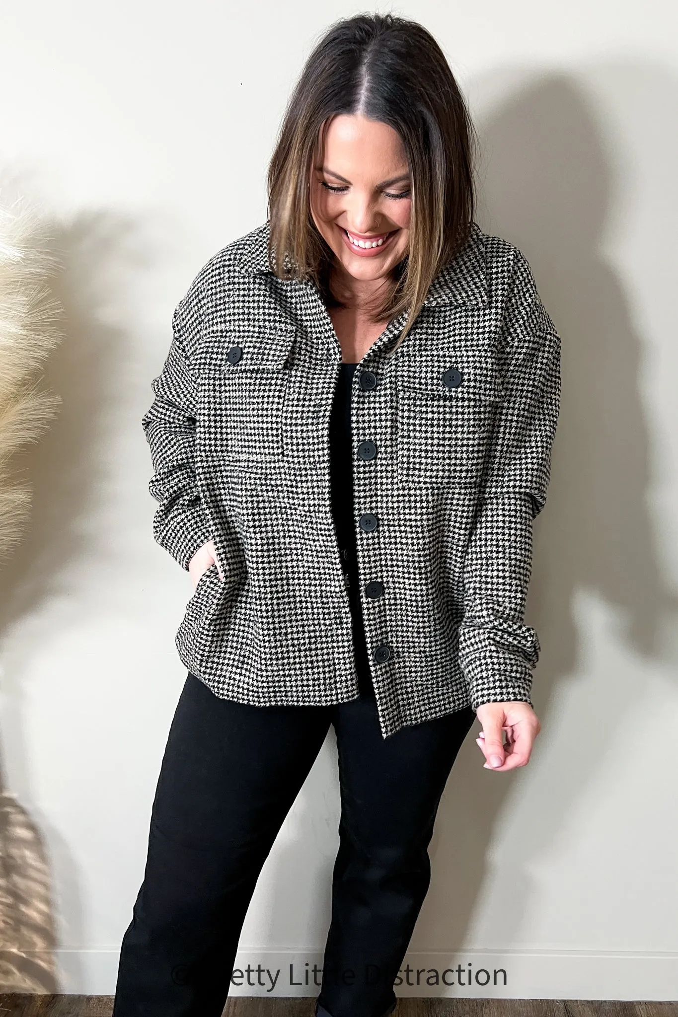 Collared Houndstooth Button Down Wool Blend Jacket