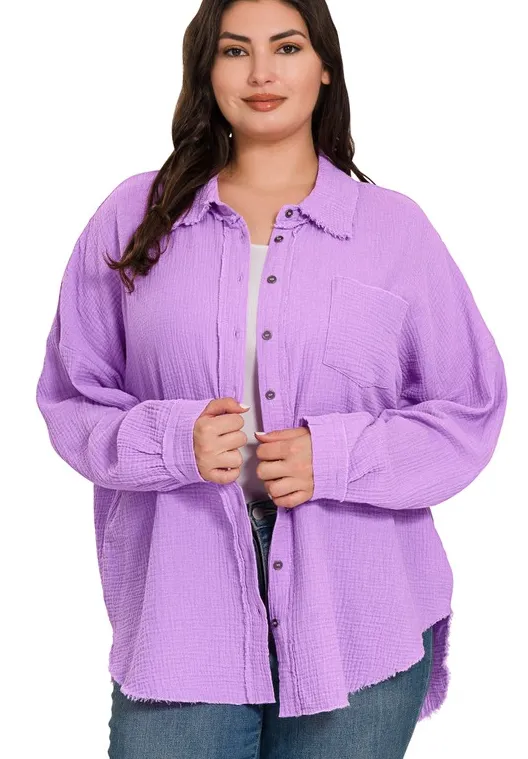 Curvy Lavender Gauze Button Down