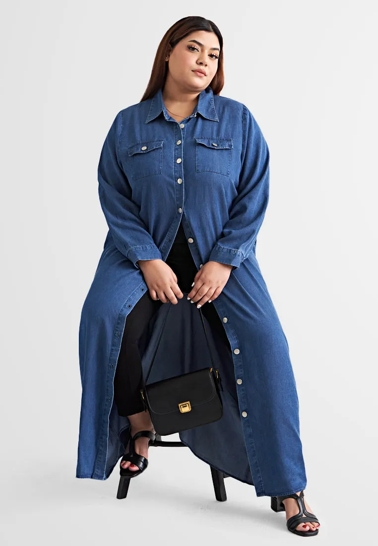 Dalyah Denim Belted Long Trench Dress