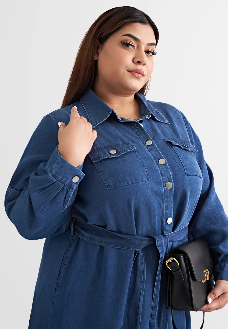 Dalyah Denim Belted Long Trench Dress