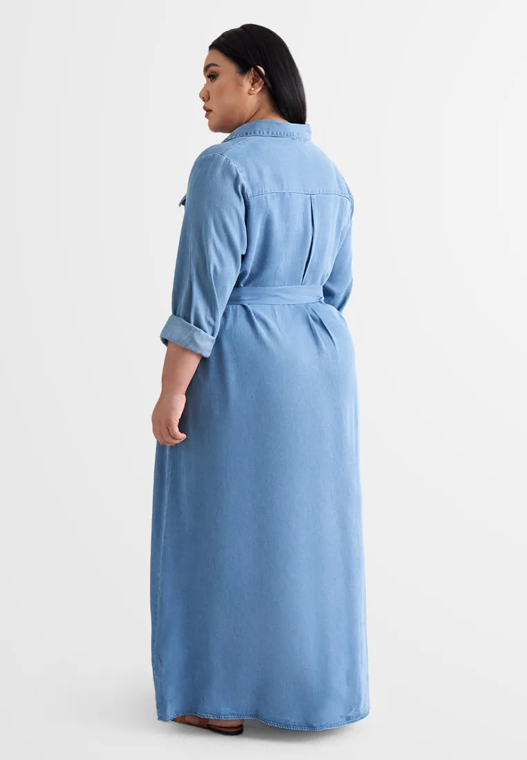 Dalyah Denim Belted Long Trench Dress