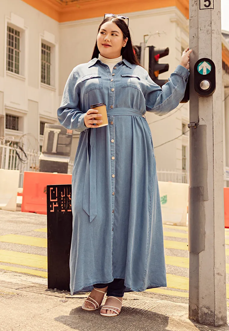 Dalyah Denim Belted Long Trench Dress