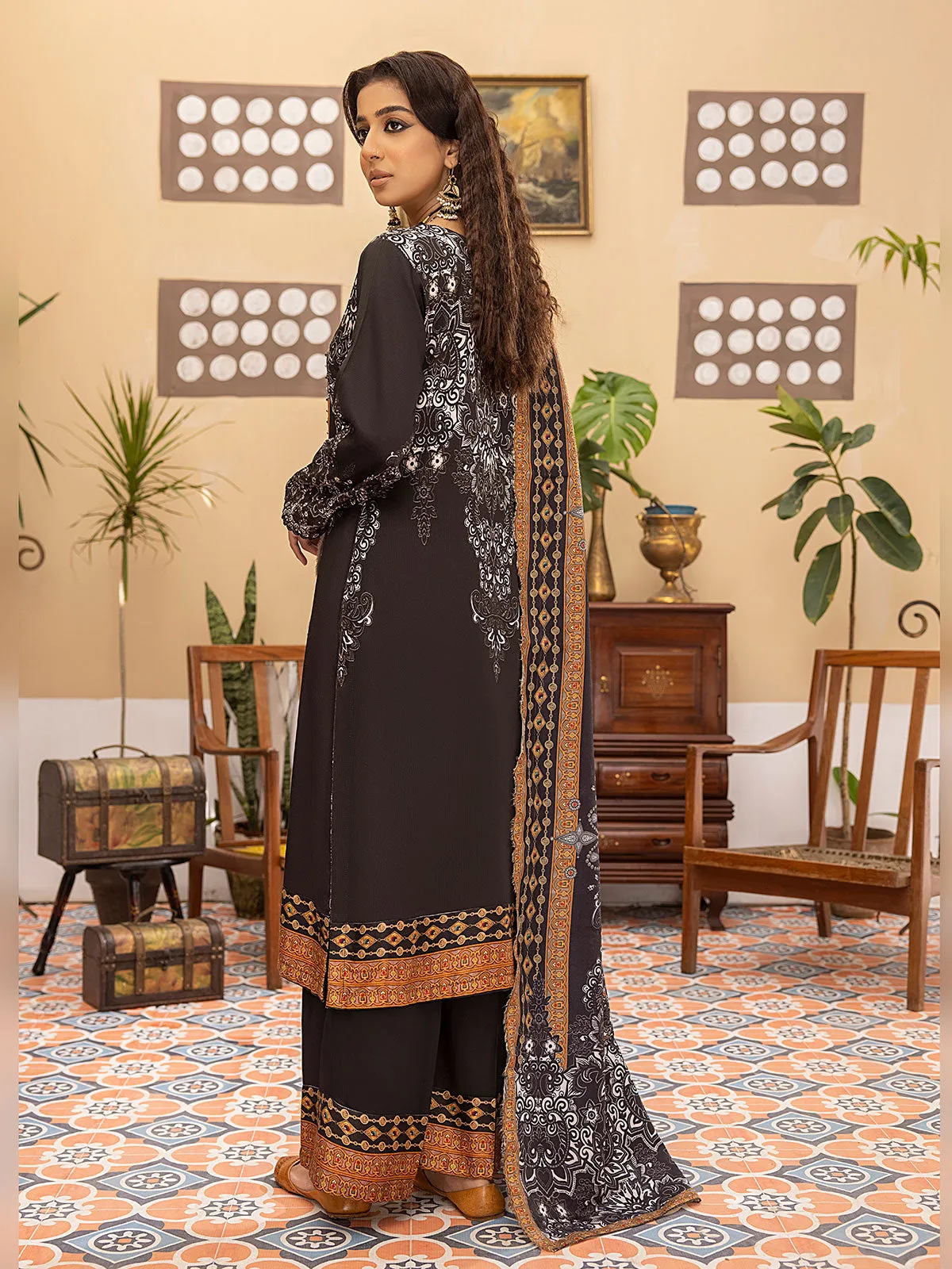 Dark Brown Winter Dhanak Embroidered 3-Piece Suit