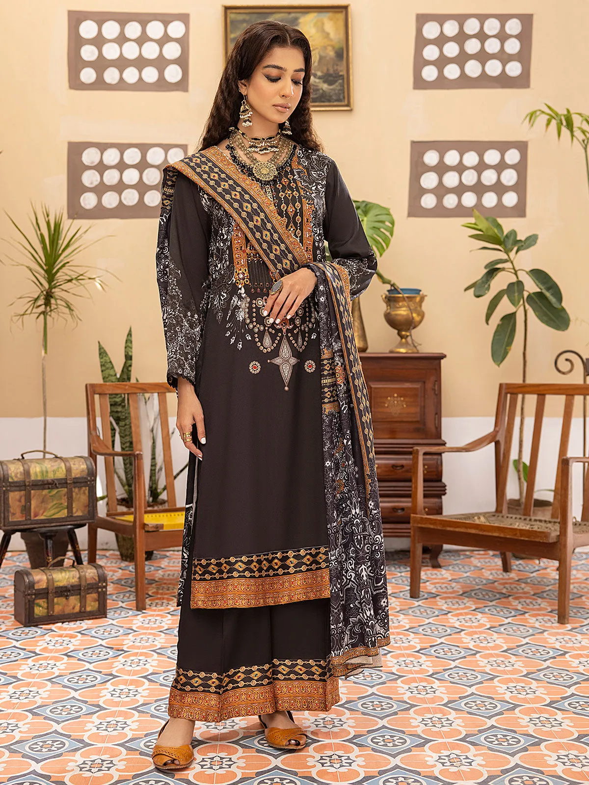 Dark Brown Winter Dhanak Embroidered 3-Piece Suit