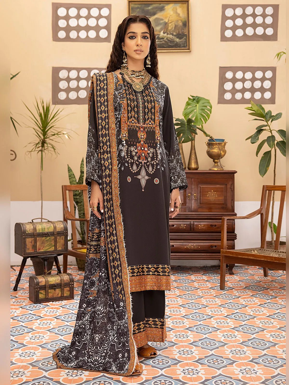 Dark Brown Winter Dhanak Embroidered 3-Piece Suit