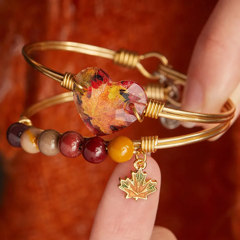 Fall Leaf Beaded Bangle Bracelet with Autumn Jasper Beads