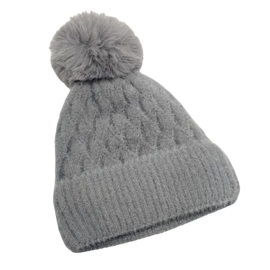 Faux Fur Lined Pom Pom Winter Beanie/Hat