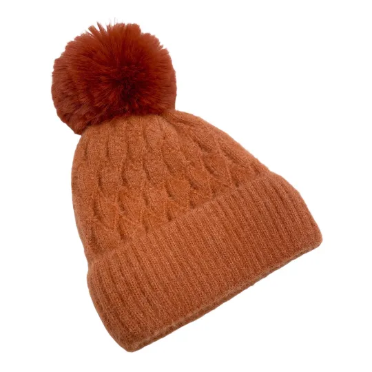 Faux Fur Lined Pom Pom Winter Beanie/Hat