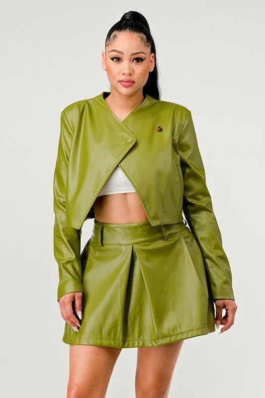 Faux Leather Jacket & Skirt Set - Olive