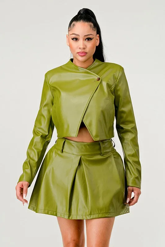 Faux Leather Jacket & Skirt Set - Olive